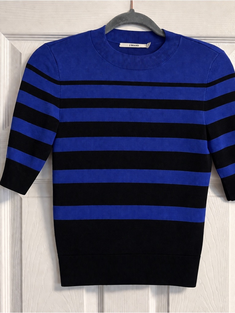 J Brand Blue and Black Striped Short-Sleeve Crewneck Sweater